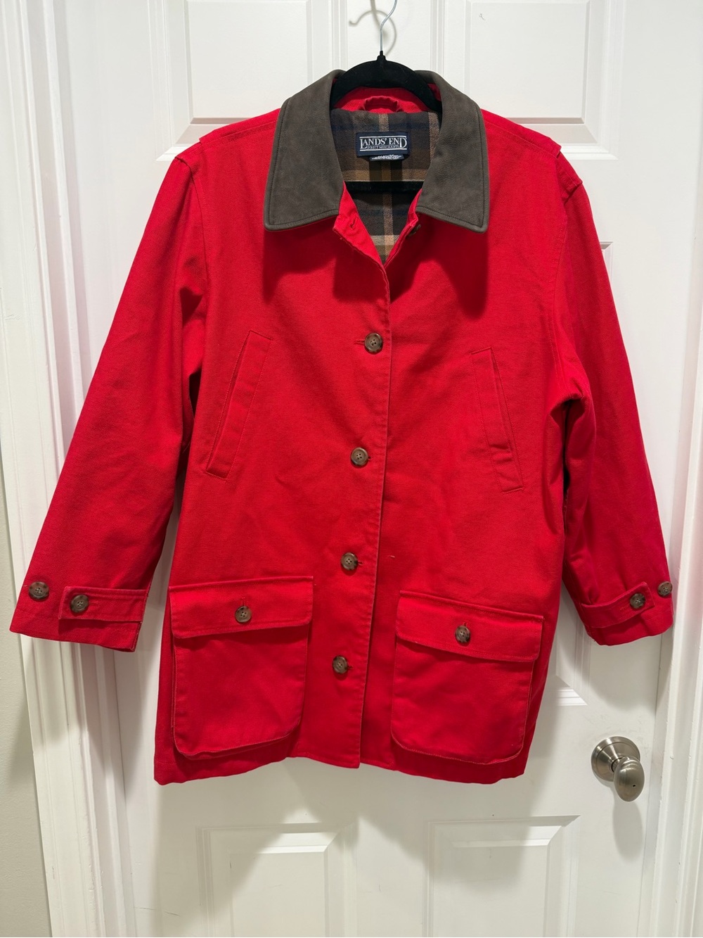 Lands' End Red Barn chore Coat Jacket Brown leather Collar vintage Large 14/16